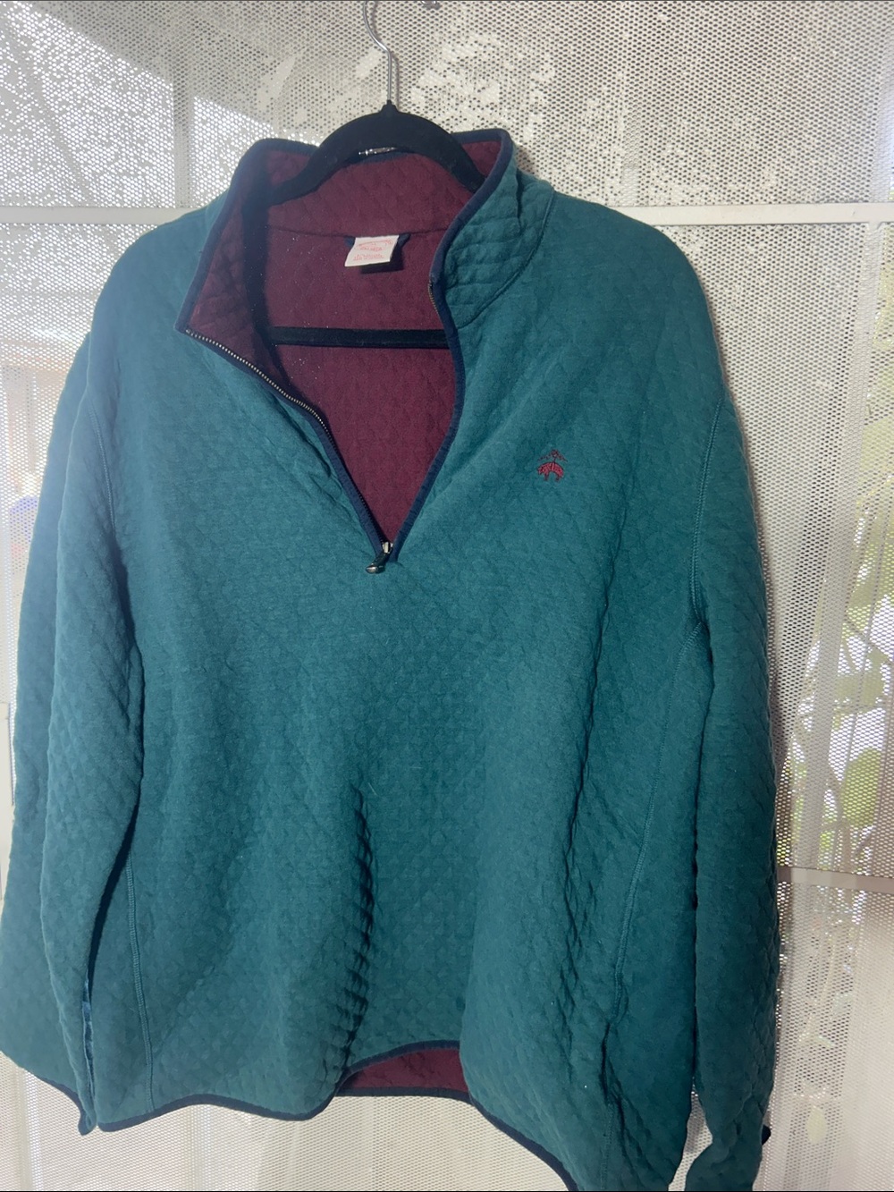 Brooks Brothers Teal Quilted Half-Zip Pullover with Burgundy Interior